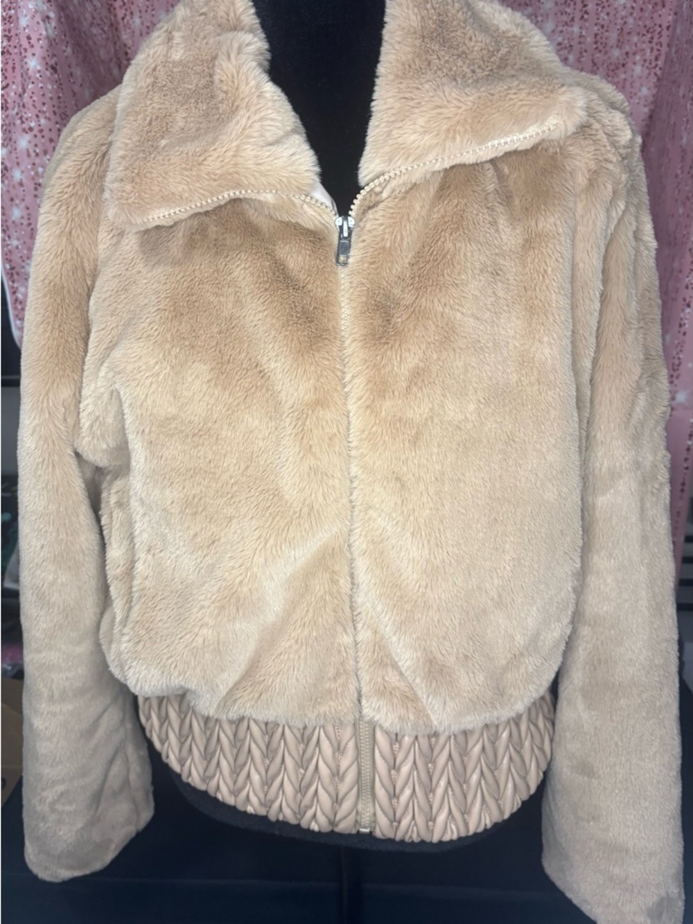 Plush Faux Fur Bomber Jacket in Beige